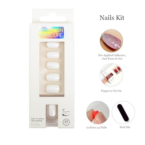 White Press On Nails Short Square - No Glue Natural Elegant Acrylic Fake Nail Design for Everyday or Wedding, Easy to Apply & Remove, 24 Nails in 12 Sizes with File - Thumbnail 6