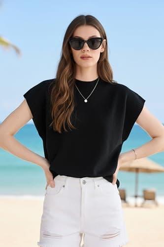 Orolay Women's Short Sleeve Mock Neck Sweater Vest Cap Sleeve Solid Knit Top - Lightweight Business Casual Black - Thumbnail 5