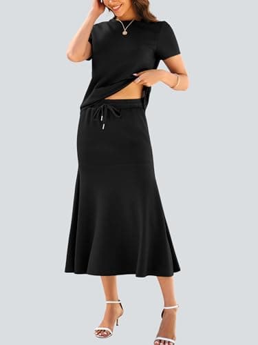 Casly Lamiit Womens 2 Piece Sets Casual Short Sleeve Travel Outfits Matching Midi Skirt Set with Pockets School Teacher Outfits M - Thumbnail 5