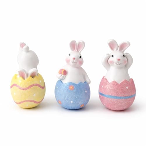 GoGnome 3-Pack Easter Decorations Resin Bunny in Cracked Egg Shell Figurines 5.1''H – Spring Tabletop & Mantel Decor, for Home (Blue/Yellow/Pink) - Image 1