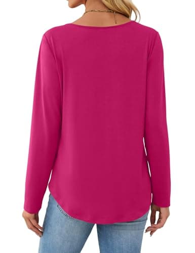 JUSTFASHIONNOW Long Sleeve Tops for Women Fall Shirts V Neck Trendy Casual Tunic Rose Red Pleated Blouse Business Dressy Outfits Tops for Leggings (Rose Red, Medium) - Thumbnail 6