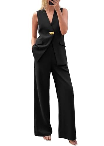 KIRUNDO Pant Suits for Women Dressy 2 Piece Sets Sleeveless Blazer Vest Wide Leg Matching Pantsuit Business Casual Outfits(Black, Small) - Image 1