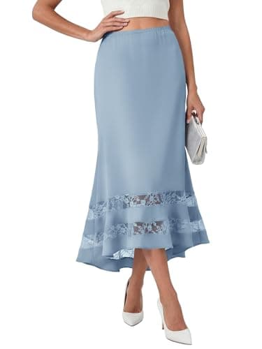Wenrine Satin Skirts for Women Summer Lace Trim High Low Hem Elastic Waist Elegant Evening Party Long Midi Skirt Blue - Image 1