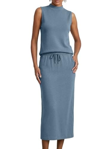 Casly Lamiit Womens 2 Piece Outfits Summer Casual Drawstring Maxi Skirt Sets with Pockets Mock Neck Spring Airport Travel Outfits Blue Grey S - Image 1