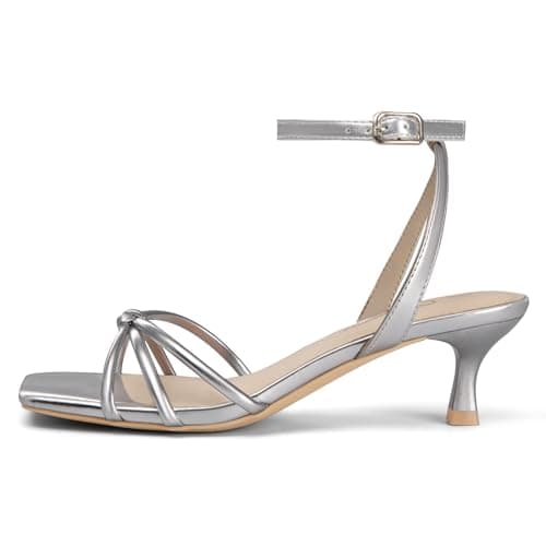 Athlefit Women's Kitten Heels Square Open Toe Strappy Low Heel Sandals Ankle Strap Party Dress Silver Heels for Prom Size 8.5 - Thumbnail 4