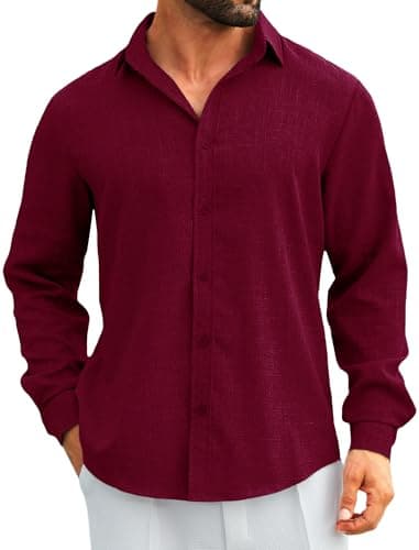 MAPICK Mens Linen Button Down Casual Shirts Untucked Long Sleeve Dress Shirts Business Wrinkle Free Shirts(Wine Red,X-Large) - Image 1