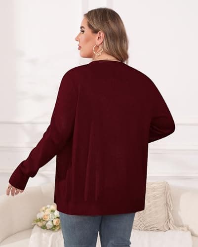 TIANZHU Plus Size Cardigan for Women Plus Size Open Front Long Sleeve V Neck Button Comfy Lightweight Cardigan Sweater Casual Coat Wine Red 2X-Large - Thumbnail 4