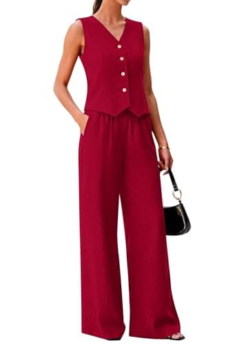 KIRUNDO Business Casual Outfits for Women Vest Tops Pant Suits Dressy 2 Piece Sets Summer Crop Blazer Wide Leg Work Pants(Wine Red, X-Large) - Image 1