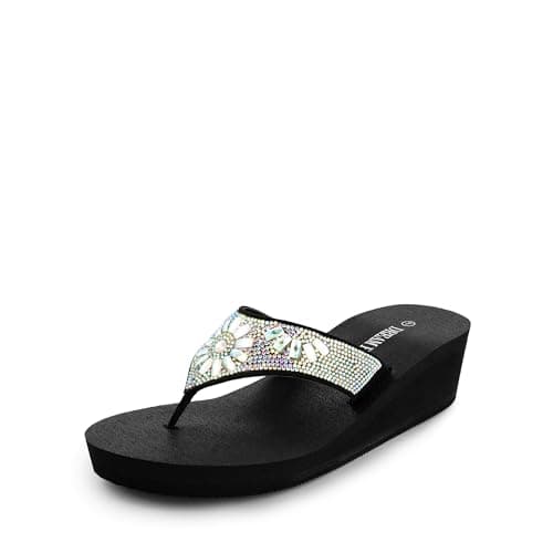 DREAM PAIRS Women's Rhinestone Platform Wedge Flip Flops Summer Beach Comfortable Thong Sandals,Size 9,Multi Flower,SDFF2401W - Image 1