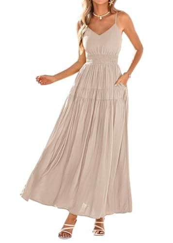 KIRUNDO Maxi Dresses for Women 2026 Summer Sleeveless Spaghetti Strap Long Flowy Beach Vacation Dress Boho A Line Sundress Apricot - Image 1