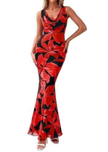 PRETTYGARDEN Women's Spring Formal Wedding Guest Dress 2026 Cowl Neck Summer Vacation Outfits Polka Dot Floral Maxi Dresses(Black Red Flower,Large) - Image 1