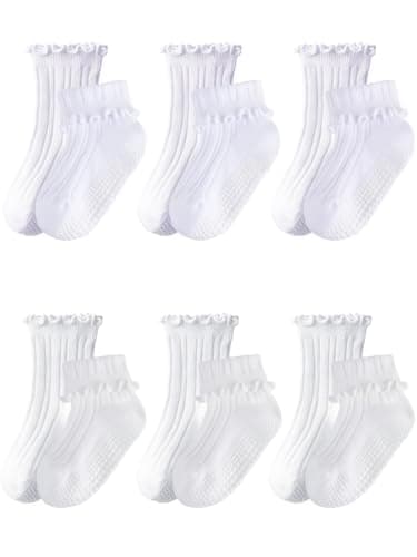 ALLOVIN 6 Pairs Non-Slip Ruffle Socks for Baby & Toddler Girls – Soft Cotton Grip Socks | Pure White/Off-White | 6-12 Months - Image 1