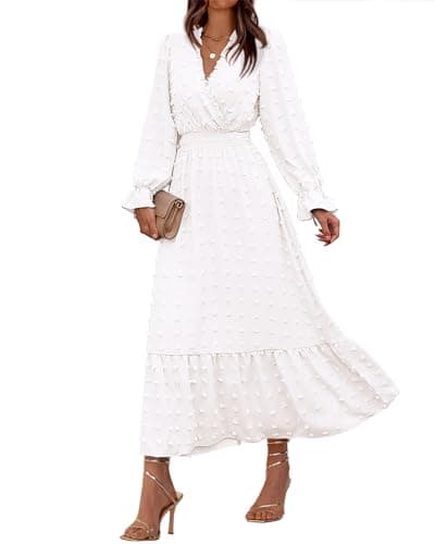 BTFBM Women Fall Maxi Dresses 2025 Long Sleeve V Neck Swiss Dots High Waisted A-Line Ruffle Boho Long Dress Vacation(White,Large) - Image 1