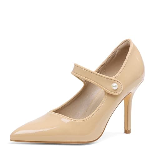 Eteridrey Nude Mary Jane Heels for Women Closed Toe 3.5 Inch High Heels Pointed Pumps with Pearl Button Strap, Comfort Dress Shoes for Work, Party, Office, Wedding - Image 1