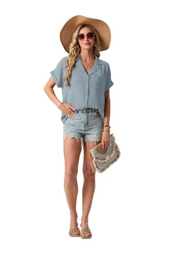 Mintreus Short Sleeve Button Down Shirts for Women Casual Camp Shirt for Women Dressy Casual (Haze Blue-2XL) - Thumbnail 6