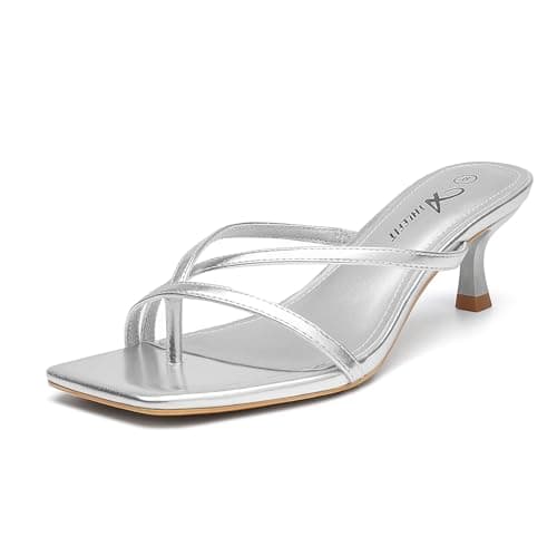 Athlefit Women's Strappy Kitten Heels Flip Flops Square Open Toe Low Heels Fashion Party Dress Shoes Thong Heeled Sandals Silver Size 9.5 - Image 1
