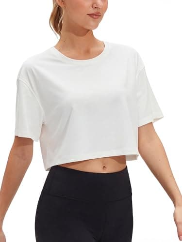 Stelle Womens Workout Crop Top Loose Short Sleeve Shirt Breathable Quick Dry UPF 50+ Oversized Boxy Tee for Running Athletic White X-Small
