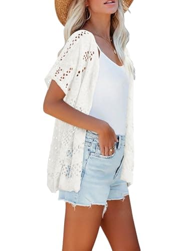 KISSMODA Off-White Plastic Button Mesh Crochet Cardigan V-Neck Breathable Boho Vacation Rooftop Drinks Outfit for Women’s M - Thumbnail 5