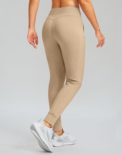 SANTINY Women's Fleece Lined Joggers with Pockets Slim Fit Ski Pants Winter Warm Leggings Hiking Running Gear (Khaki_M) - Thumbnail 4