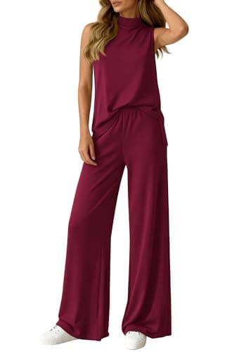 BTFBM Summer 2 Piece Lounge Sets For Women Sleeveless Mock Neck Top Wide Leg Pants Spring Vacation Airport Travel Outfits(Burgundy, Large) - Image 1