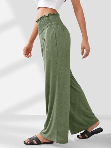 GEMLON Womens Wide Leg Pants High Waisted Palazzo Pants Summer Flowy Lounge Trousers Casual Pants with Pockets Green 2XL - Thumbnail 3