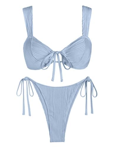 seamoly Swimsuit for Women 2025 Ribbed Cutout Tie Front Sexy Bikini Set Comfortable High Leg Thong Swimwear Light Blue Small - Image 1