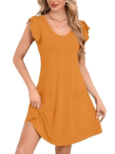 DEARCASE Womens Summer T-Shirt Dresses V Neck Elegant Classy Ruffle Sleeve A-line Tunic Dress 2026 with Pockets Yellow Medium - Image 1