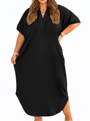 Beautife Women's Plus Size T Shirt Dress Collared V Neck Short Sleeve Maxi Dress Casual Curved Long Dresses with Pockets Black - Image 1