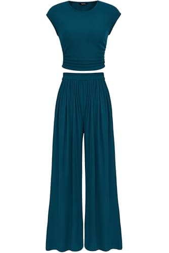 PRETTYGARDEN Women's Summer 2 Piece Outfits 2026 Cap Sleeve Ruched Slim T Shirt Ribbed Knit Wide Leg Pant Sets Tracksuit(Lake Blue,Small) - Image 1