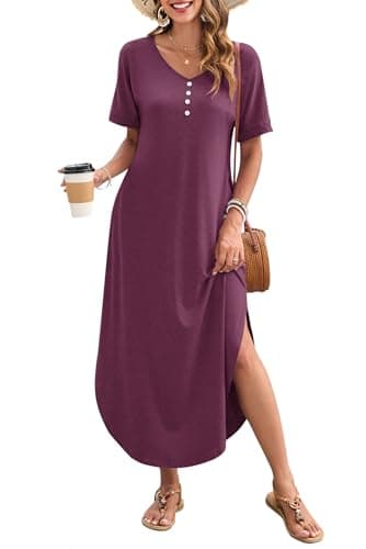 MOLERANI Maxi Dress Short Sleeve Sun Dresses Beach V Neck Long Split Dresses with Pockets Summer Dresses for Women 2026 Vacation,Mauve,S - Image 1