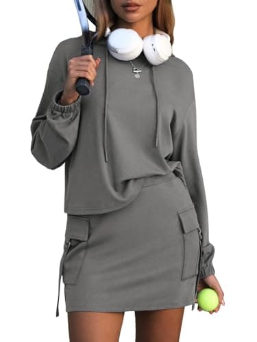 EXLURA Women Two Piece Set Cotton Sweatsuit Travel Airport Outfits 2026 Tracksuit Hooded Sweatshirt Cargo Skort Skirt Pockets - Image 1