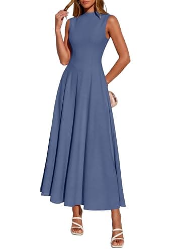 BTFBM Summer Dresses for Women 2026 Mock Neck Sleeveless High Waist Flowy Aline Maxi Spring Wedding Guest Dress Cocktail(Grey Blue, XX-Large) - Image 1