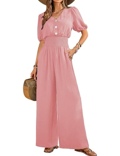 LOOKBOHO Womens Jumpsuits Dressy Puff Smocked High Waist Short Sleeves Wide Leg Rompers Formal V Neck One Piece Pink XXL - Image 1