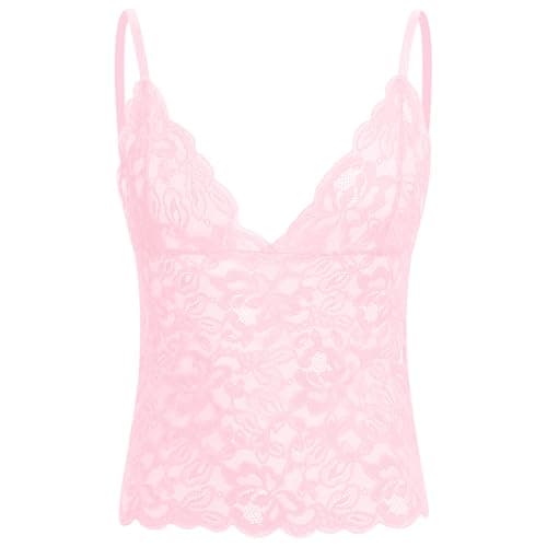 ABAFIP Men’s Sissy Lace Cami Top Floral Sheer Camisole Ruffle V-Neck Sleeveless Shirt See Through Undershirt Pink Medium