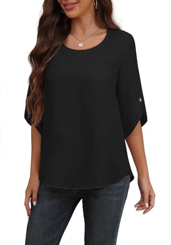 Askyes Womens Chiffon Blouses Summer Spring Casual Crew Neck Cute Tunic Tops for Leggings Chiffon Blouses for Women,Black,M - Thumbnail 3