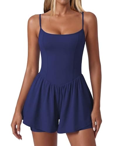 Ekouaer Womens Summer Sleeveless Workout Rompers Athletic Jumpsuit Double Lined Shorts One Piece Gym Yoga Clothes Navy Blue - Image 1