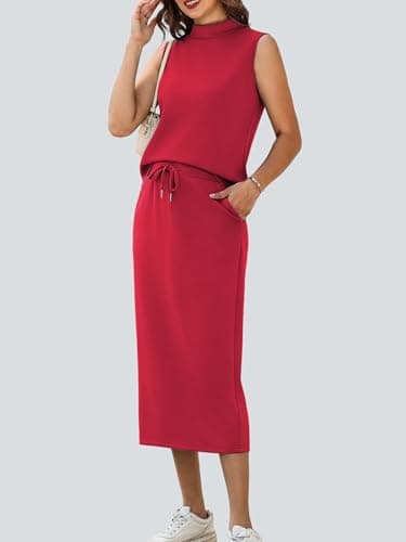 Casly Lamiit Two Piece Outfits for Women Summer Midi Skirt Set Casual Mock Neck Sleeveless Matching Sets Women Clothing Red L - Thumbnail 3