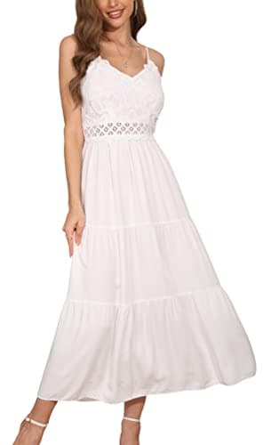 Dokuritu Women's Beach Crochet Lace Maxi Dress Boho Casual Cocktail Graduation Wedding Guest Spaghetti Strap Long White Summer Dresses 2025 (White,S) - Image 1