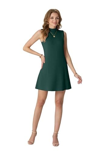 HiMONE Womens Sleeveless Mock Neck Mini Dress A Line Swing Dress with Pockets Casual Office Work Party Cute Outfit Dark Green - Image 1