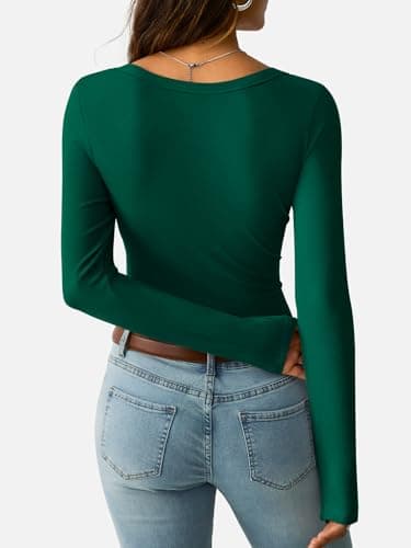 GKBK Scoop Neck Long Sleeve Tops for Women Ribbed Knit Slim Fitted Tight Basic T-Shirts Cute Layering Lightweight Fall Sweaters 2025 Fashion Outfits Dark Green - Thumbnail 4