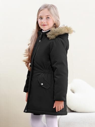XMWEALTHY Girls Winter Coat Kids Warm Long Puffer Jacket Hooded Down Parka Padded Fleece Snow Outerwear Black 11-12Y - Thumbnail 2