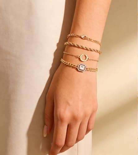 Alegend Bracelets Sets 14K Gold Plated Stackable Bold Twisted Rope, Romantic Crystal, Delicate Chains with moon charm Four-Layered Design - Thumbnail 4