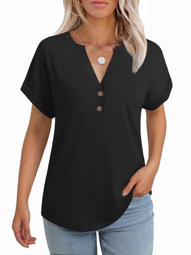 GKBK Womens Short Sleeve Henley Tops V Neck Dressy Casual Blouses Summer Trendy Tee Shirts 2026 Vacation Fashion Clothes Black L - Image 1