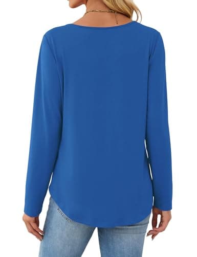 JUSTFASHIONNOW Winter Clothes for Women 2025 Pleated Blue Long Sleeve Women's Tops V Neck Loose T-shirt Blusas Casuales de Mujer Bonitas Fall Clothes (Blue, XX-Large) - Thumbnail 6