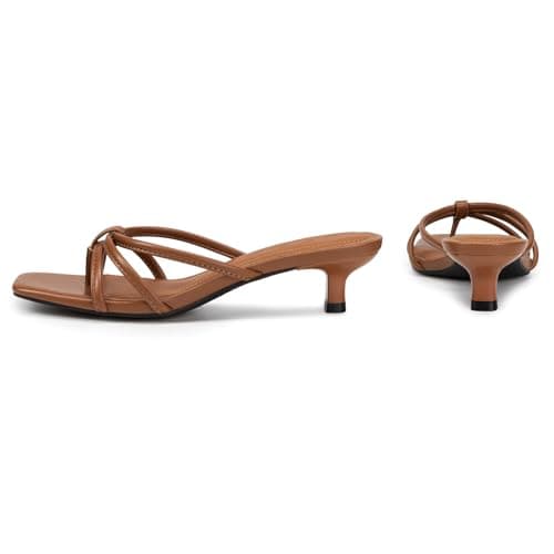 Athlefit Brown Heels Strappy Square Toe Flip Flop Short Kitten Heels for Women Slip On Fashion Low Heel Thong Sandals Size 6 - Thumbnail 5