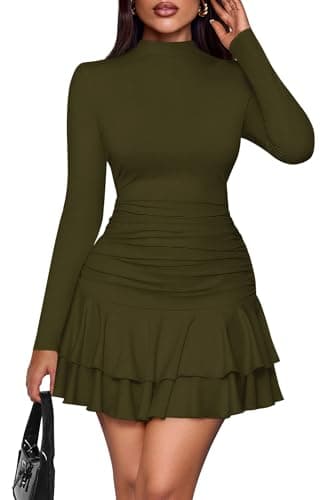 PRETTYGARDEN Womens Spring Long Sleeve Dresses 2026 Mock Neck Ruched Y2K Clothes Ruffle Layered Bodycon Mini Party Dress(Army Green,Small) - Image 1