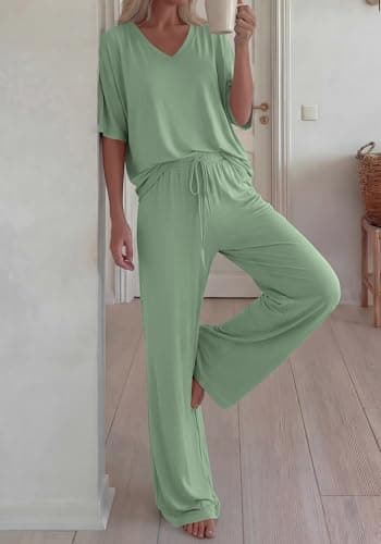 BTFBM 2 Piece Sets for Women Summer V Neck Short Sleeve Lounge Set Wide Leg Pants Matching Set Airport Travel Outfits(Sage Green, XX-Large) - Thumbnail 6