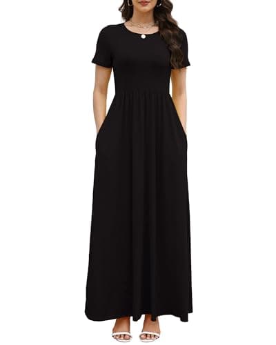 COSSEN Women’s Crewneck Short Sleeve Maxi Dress Black XX-Large with Pockets – Casual Loose Swing Sundress for Wedding Guest, Beach & Vacation - Image 1