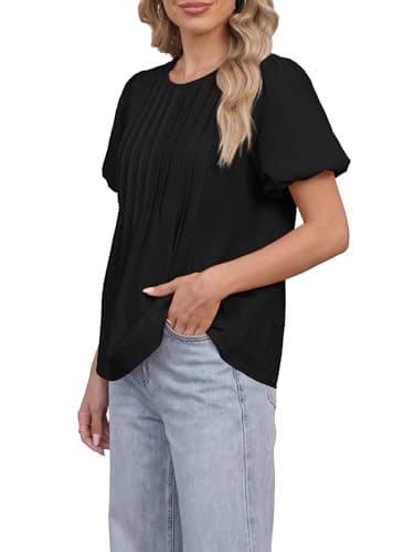 Funlingo Womens Blouses Summer Short Puff Sleeve Babydoll Tops for Women Casual Crew Neck Flowy Pleated Shirts Cute Clothes Black XL - Thumbnail 4