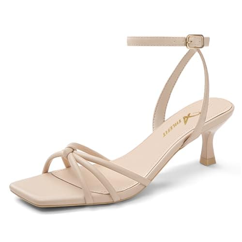Athlefit Women's Nude Kitten Heels Square Toe Strappy Low Heel Sandals Comfortable Dressy Ankle Strap Short Heels Size 5.5 - Image 1